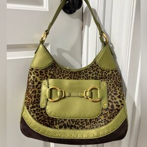 Cole Haan Stephanie Leopard Haircalf Hobo Bag Moss Green Leather NWT $395